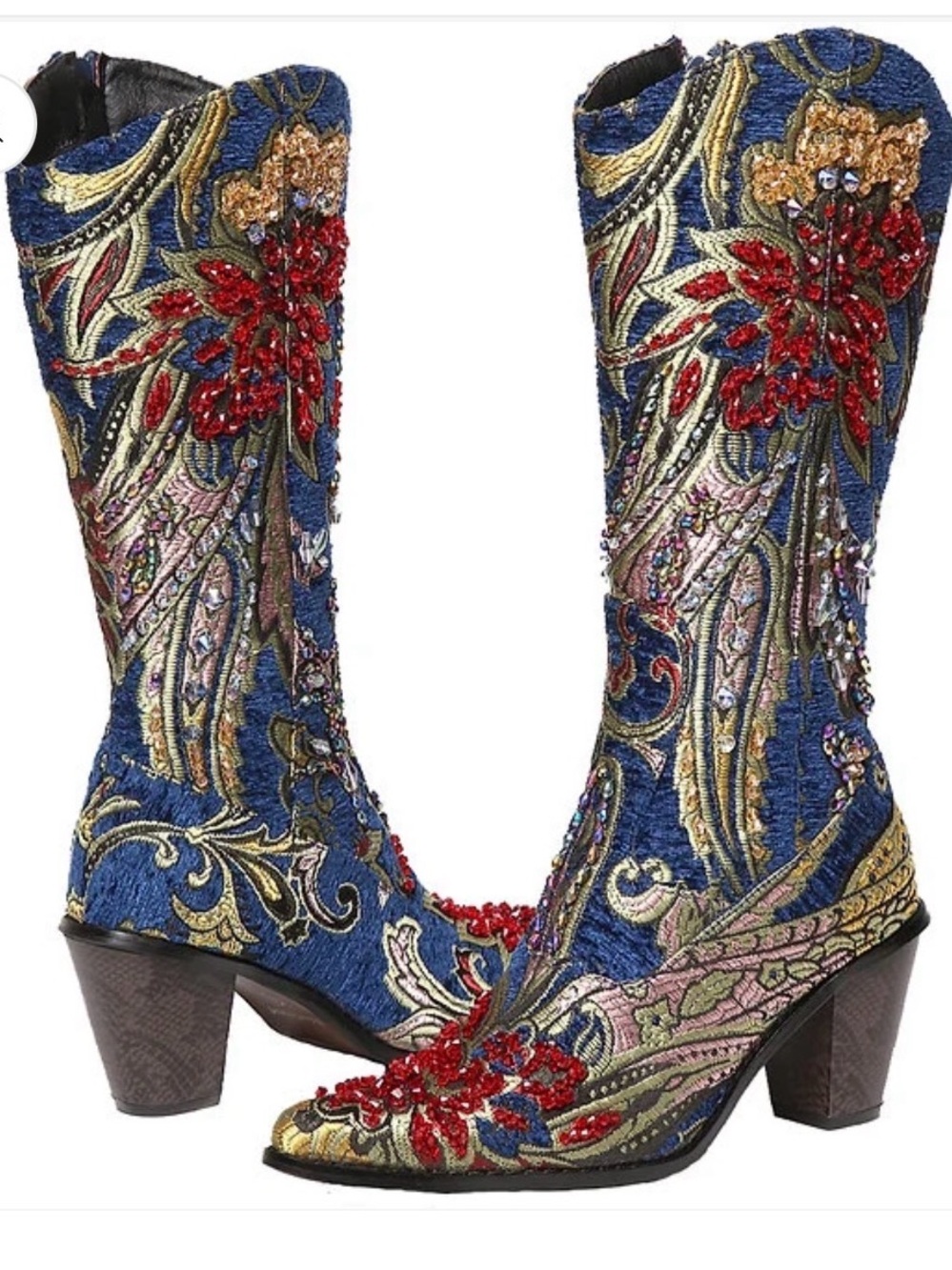 Embellished Blue Floral Mid-Calf Boots